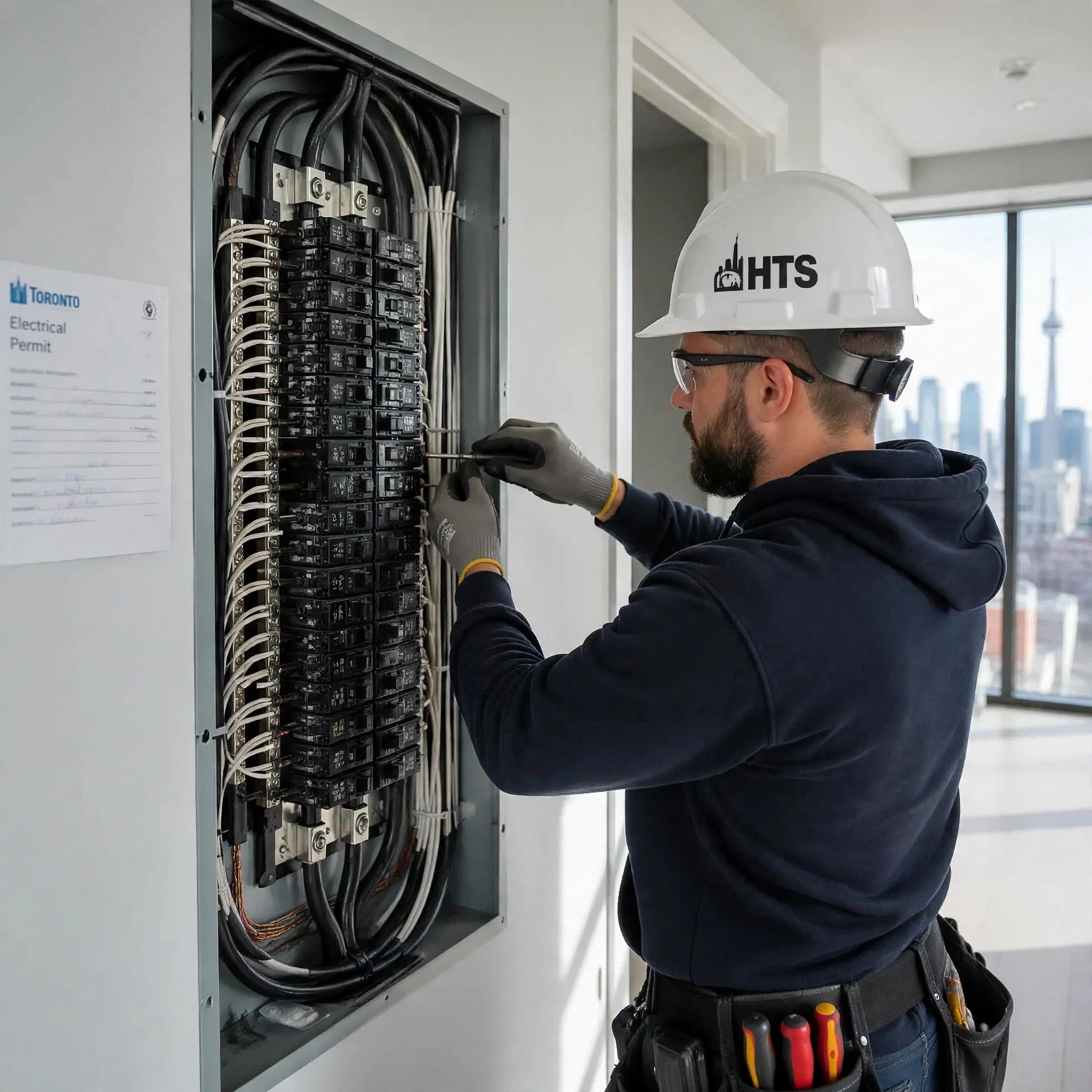 Licensed electrician wearing an HTS hard hat while working on a commercial electrical panel
