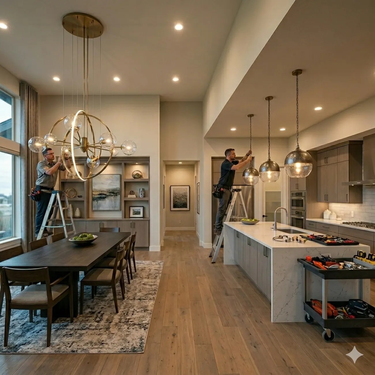 Electricians installing kitchen chandelier lighting
