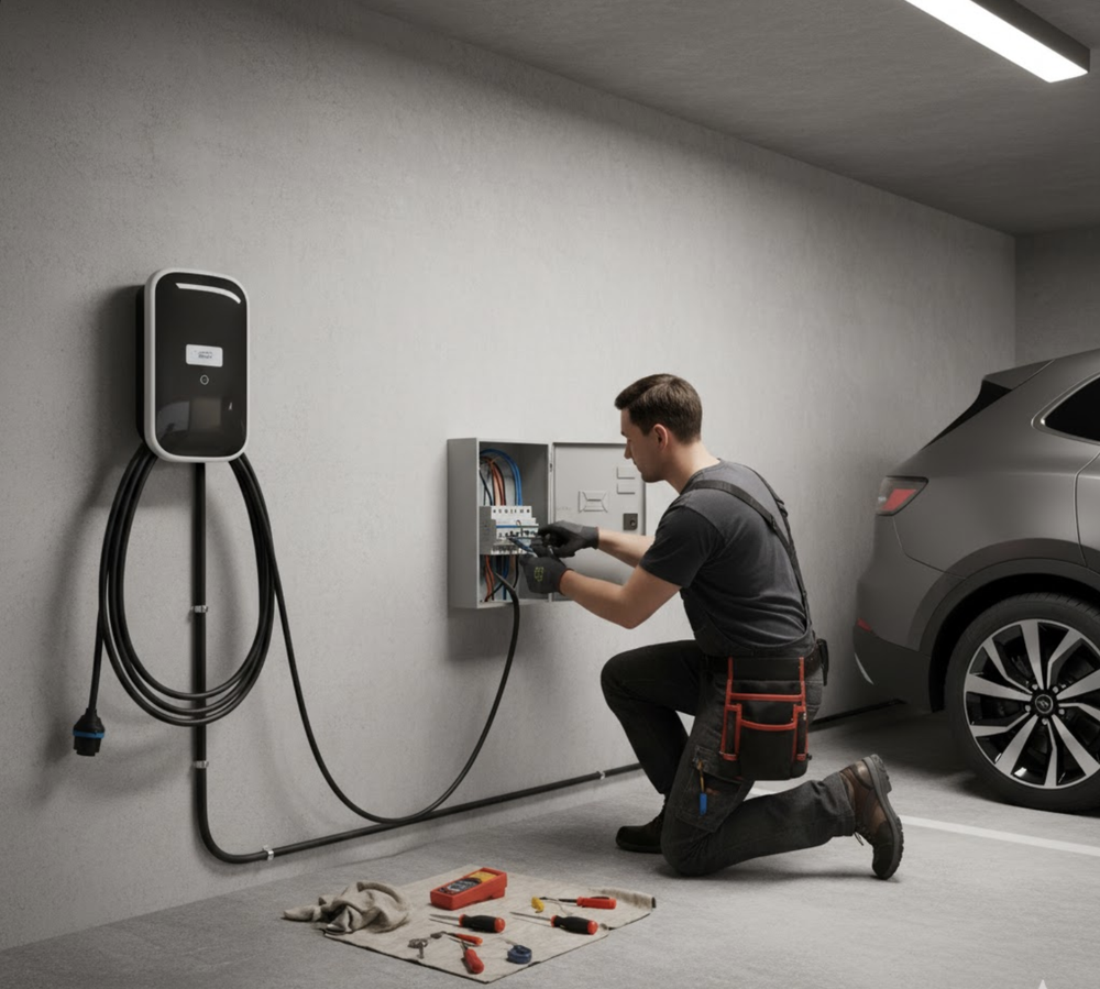 Electrician installing an EV charger in a garage